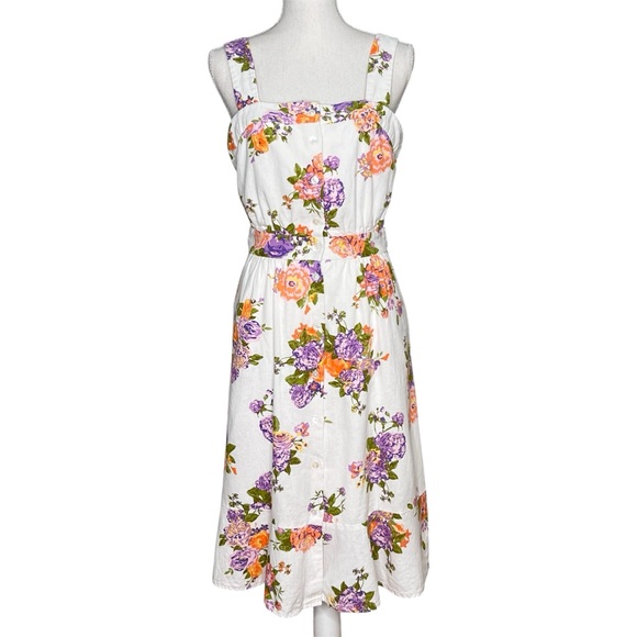 FRNCH Dresses & Skirts - FRNCH Ammi Rose Print Midi Dress Fit & Flare Linen Belted Romantic Women Size M
